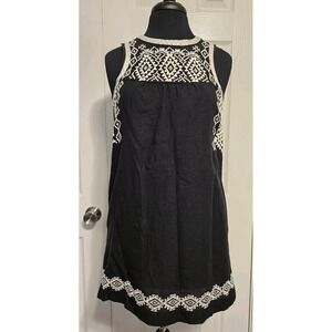 Lucky Brand Womens XS Black Embroidered Sleeveless Mini Dress Linen Blend Pocket